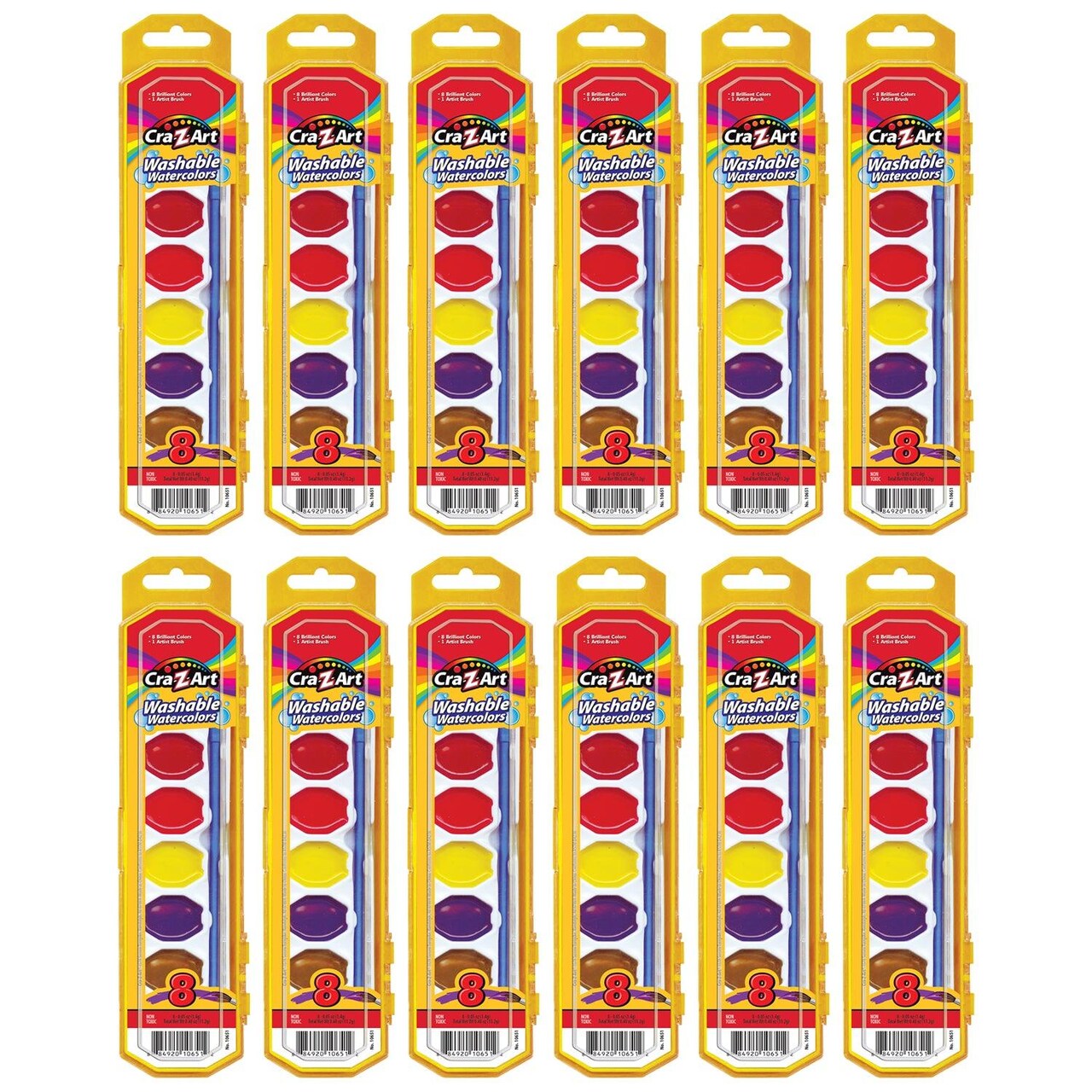 Washable Watercolors with Brush, Peggable Tray, 8 Colors Per Set, 12 Sets